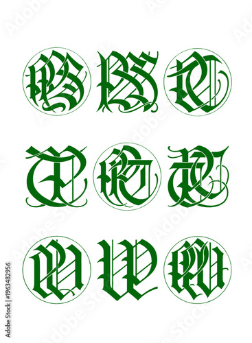 Monogram initials combinations, decorative interlocking letters in green and white line art, isolated on white background.