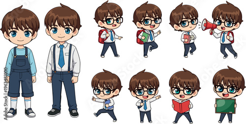 Cartoon Schoolboy Character Set with Various Poses, Expressions, and Outfits for Education, Play, and Fun Illustrations