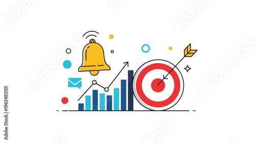 Business progress illustration featuring a golden bell, rising bar charts, and an arrow hitting the center of a red bullseye target.