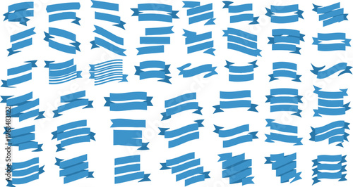 Blue Ribbon Banner Vector Set Featuring Blank Decorative Swirl Streamers and Curved Labels Isolated on White Background for Graphic Design 