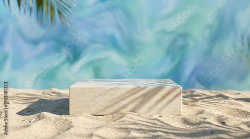Minimalist travertine podium on sunny sand beach with palm leaf shadow overlay
