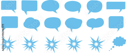 Blue Speech Bubbles and Comic Bursts Vector Set Featuring Discussion Clouds and Explosion Shapes Isolated on White Background for Communication Design