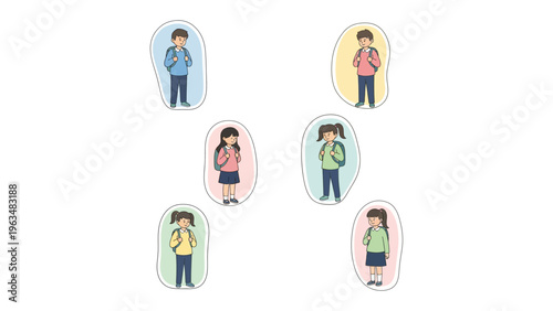 Socially Distanced Schoolchildren: A tender illustration of young students, each cocooned in a bubble of safety, returning to school with a sense of hopeful optimism in the face of new challenges.