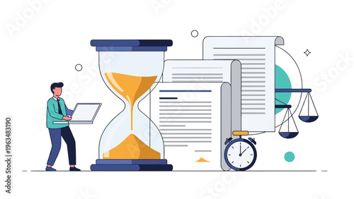 Man working on a laptop next to a large hourglass and legal documents, symbolizing time management in a legal or corporate setting.
