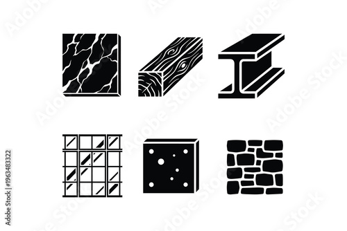 Black and white building materials icon set - Construction material silhouettes including wood metal and stone