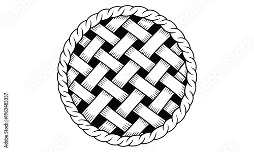 Black and white vector illustration of a woven basket pattern in a circular design with a rope border