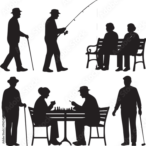 Black silhouette vector illustrations of senior men engaging in leisure activities isolated on white background