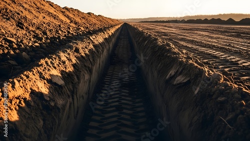 long trench dug in a field for underground infrastructure or irrigation