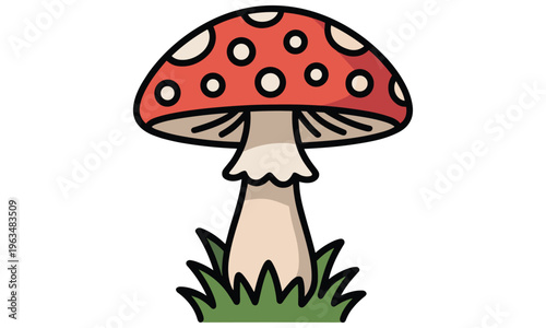 Cartoon illustration of a red mushroom with white spots growing in green grass vector graphic design