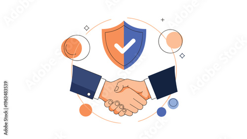 Professional handshake between two individuals in suits, framed by a protective shield with a checkmark symbolizing a secure business deal.