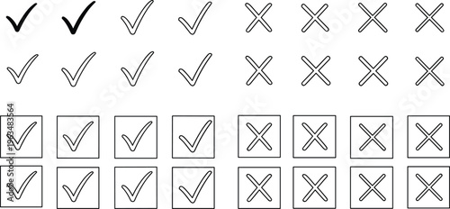 Check Mark and Cross Icon Set with Tick Box Outlines and Hand Drawn Linear Styles for Survey Voting Success and Rejection