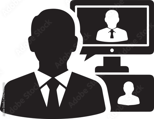 Black silhouette of a businessman video conferencing on a computer with two screens showing colleagues isolated on transparent background