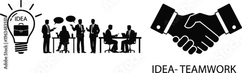 Business Team Collaboration for Innovative Ideas and Successful Partnership with Creative Light Bulb Handshake Silhouettes for Corporate Growth and Success