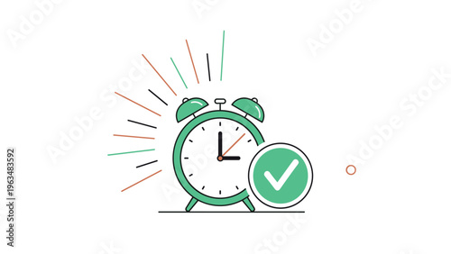 Green ringing alarm clock with a large green checkmark, symbolizing punctuality, deadline completion, or successful time management.