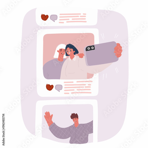 Flat Illustration Social Media Selfie Post With People Illustration