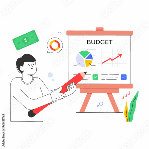 Flat Illustration Budget Presentation With Pencil On Whiteboard Finance