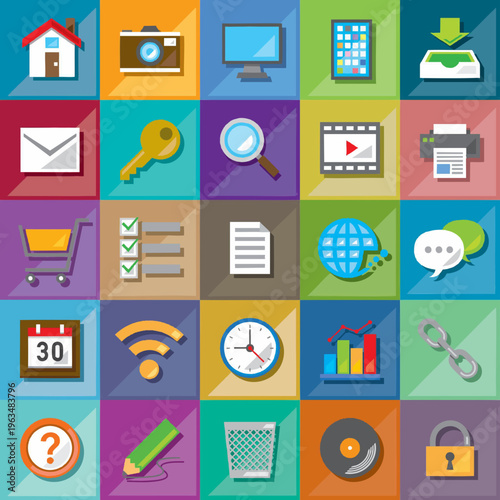 Flat Style Colorful Rounded Application Interface Web Icon Set Collection