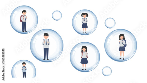 Safe Distance Study Bubbles: Schoolchildren maintaining their personal space, encased within transparent bubbles symbolizing social distancing and safety, ensuring a protected learning environment.