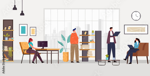 Flat Style Coworking Space with People Working and Interaction Illustration
