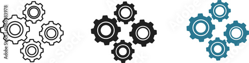 Four Interconnected Gear Icons in Line Solid and Flat Blue Styles Representing Mechanical Engineering Process Teamwork Collaboration and Industrial Automation System