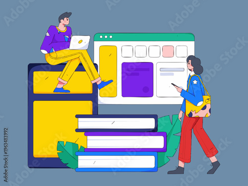 Flat Illustration of People Working with Online Web Design Development Concept