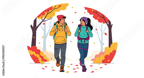 Smiling young couple on an autumn hiking adventure, walking through a vibrant forest with colorful fall leaves. Flat vector illustration of outdoor leisure.