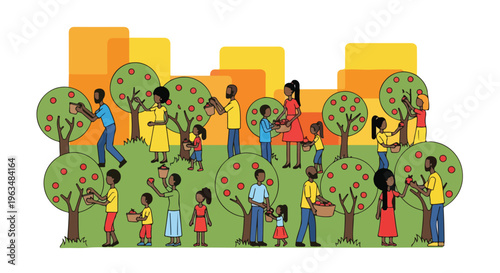 Joyful illustration of diverse Black families harvesting apples together in a vibrant community orchard, promoting healthy living and shared experiences.