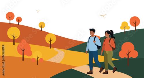 Happy couple hiking through a vibrant autumn landscape, enjoying a leisurely walk on a scenic path amidst colorful trees and rolling hills. Flat vector illustration.