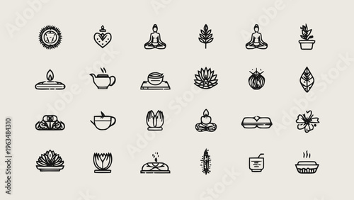 Black line icons for wellness concepts.