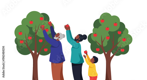 Multi-generational family enjoying a joyful apple picking activity, harvesting fresh fruit from trees together, promoting healthy eating and outdoor leisure.