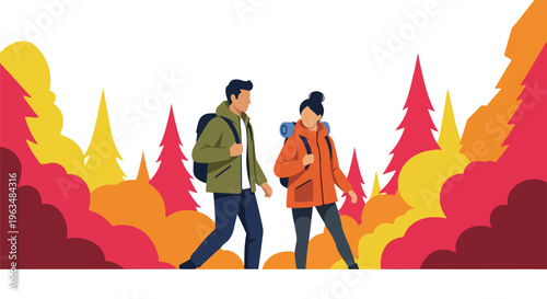 A couple enjoying an autumn hike through a vibrant, colorful forest, carrying backpacks and exploring nature's beauty. Flat vector illustration of outdoor adventure.