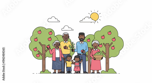 Happy multi-generational Black family enjoying a sunny day outdoors, harvesting fresh apples from their orchard, celebrating togetherness and healthy living.