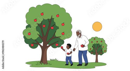 Grandfather and grandson picking fresh red apples from a bountiful tree in a sunny orchard, enjoying a generational bonding activity outdoors.
