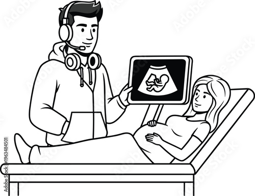 Gamer father wearing headset showing ultrasound scan to pregnant wife on digital tablet, modern parenthood and young family life concept.