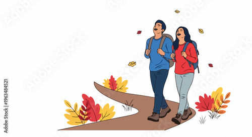 Happy couple hiking on a scenic path surrounded by autumn foliage, enjoying the outdoors and fall season.