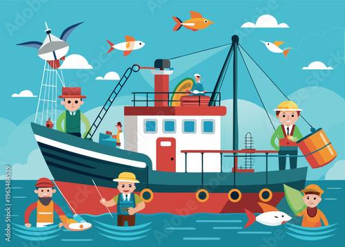 Cartoon fishing ship with vessel on water