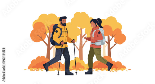 Couple hiking in autumn forest with colorful foliage and fallen leaves, enjoying outdoor activity