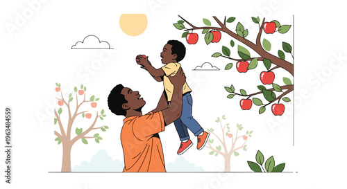 Father lifting son to pick apples from a tree, healthy lifestyle, family bonding, outdoor activity, summer day
