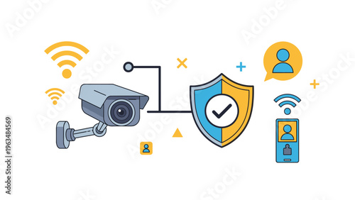 Home security system components including a surveillance camera, shield icon, and remote monitoring through mobile and wireless signals.