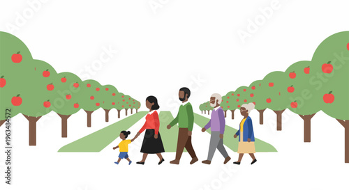 Diverse multi-generational family walking together through an apple orchard on a sunny day