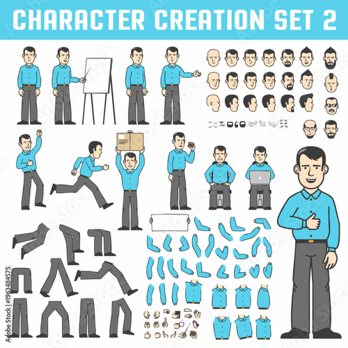 Detailed Cartoon Character Creation Set Man With Diverse Body Poses