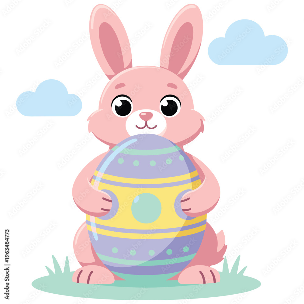 Fototapeta premium Cute pink easter bunny holding a large decorated egg with clouds and grass.