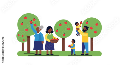 Multi-generational family happily picking ripe red apples from trees in an orchard during autumn harvest season