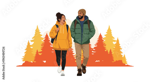 Couple Hiking in Autumn Forest, Enjoying Nature and Outdoor Adventure Together