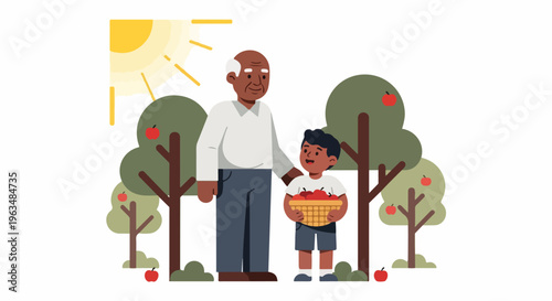 Grandfather and grandson picking apples together in an orchard on a sunny day
