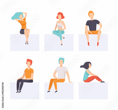 Modern Flat Style People Sitting on Abstract Blocks Illustration