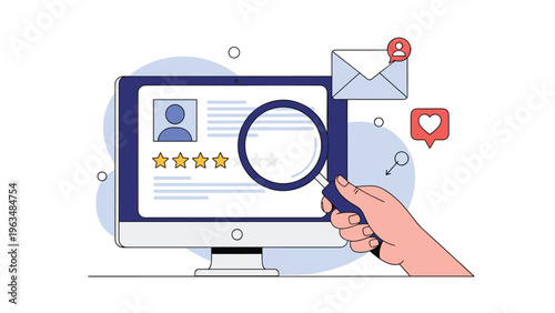 Hand holding a magnifying glass over a user profile on a monitor, showing a four-star rating for recruitment or online review analysis.