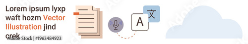Language learning, translation services, voice recognition, digital communication, global connectivity, artificial intelligence. Icons include documents, mic translation text and cloud. Language