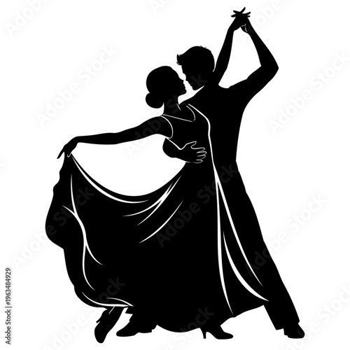 Dancing couple silhouette, elegant ballroom dance, romance, love, performance, celebration, artistic movement concept.