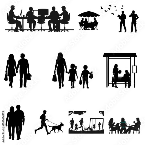 Public transport and people silhouettes set, commuting, travel, bus stop, urban lifestyle, daily transportation concept.